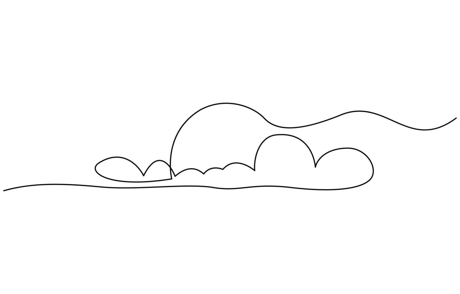 Sun on sea beach one black continuous line, sunset and sunrise outline, landscape with sun and beach in one line Sunset on beach, Sunset continuous one. vector
