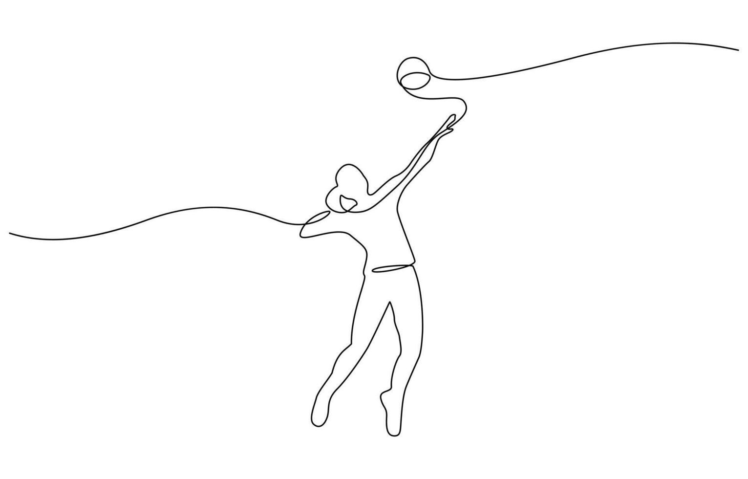 Continuous one line volleyball player woman jumps to throw the ball, Single continuous line female professional volleyball player play game vector