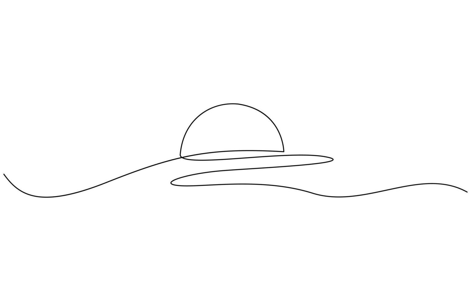 Sun on sea beach one black continuous line, sunset and sunrise outline, landscape with sun and beach in one line Sunset on beach, Sunset continuous one line art. vector