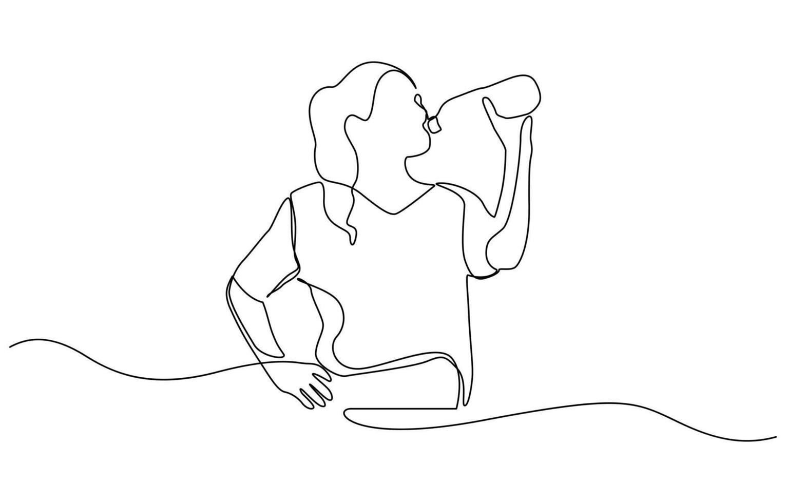Continuous line drawing of sporty woman drink energy water from bottle, Drinking after exercising activity illustration in simple linear style pro design concept vector