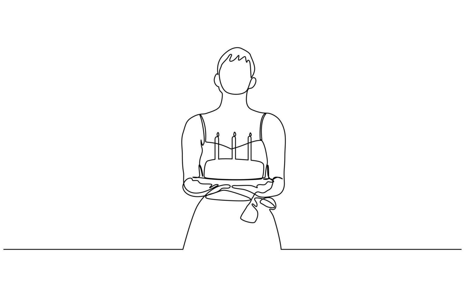 One continuous line young mother with a birthday cake for children, Birthday holiday. Continuous line drawing. Line Art isolated white background. vector