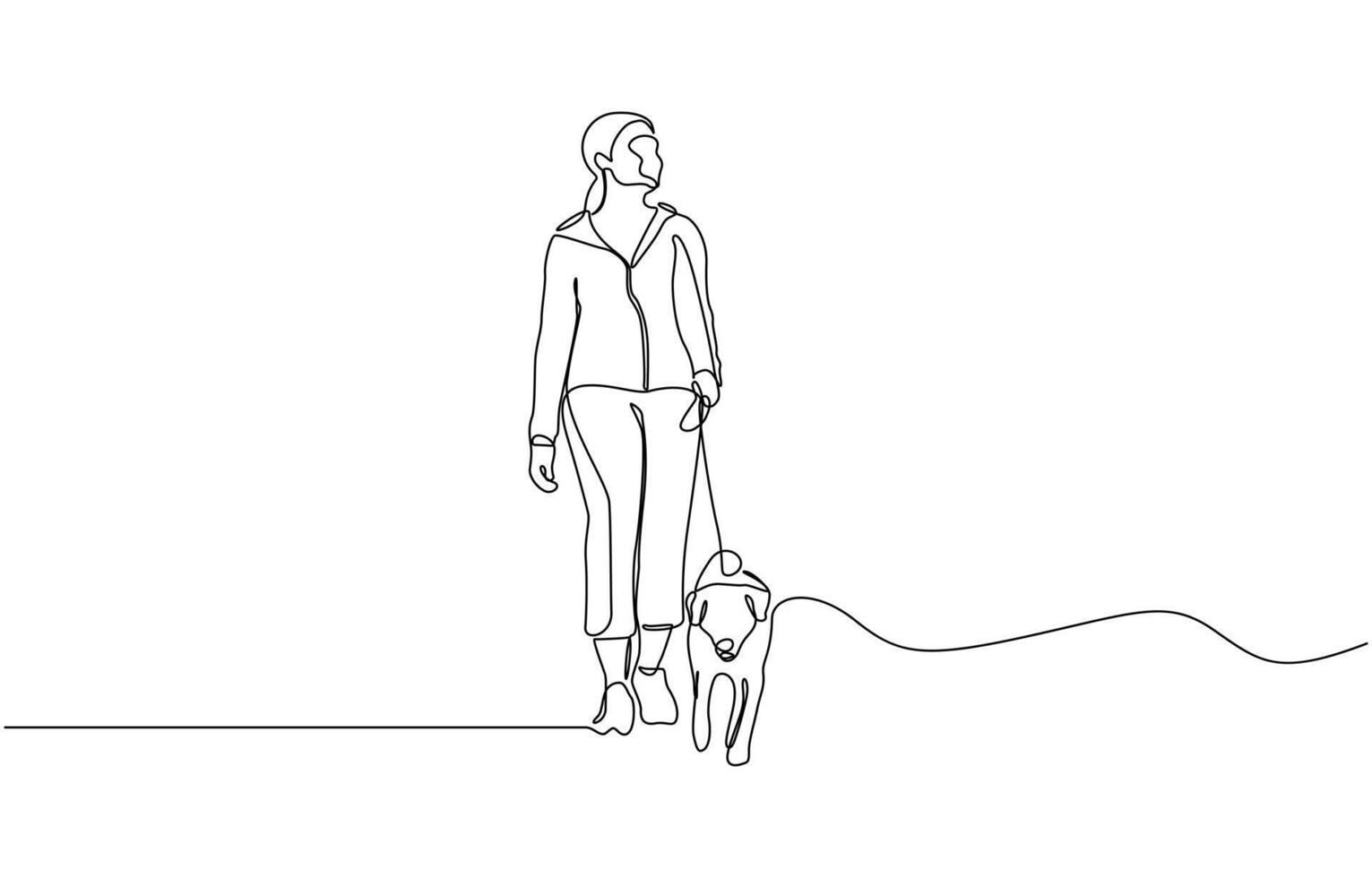 Continuous line drawing of woman wearing mask walking with pet, Minimalist Pet Companion Illustration. Editable outline. vector