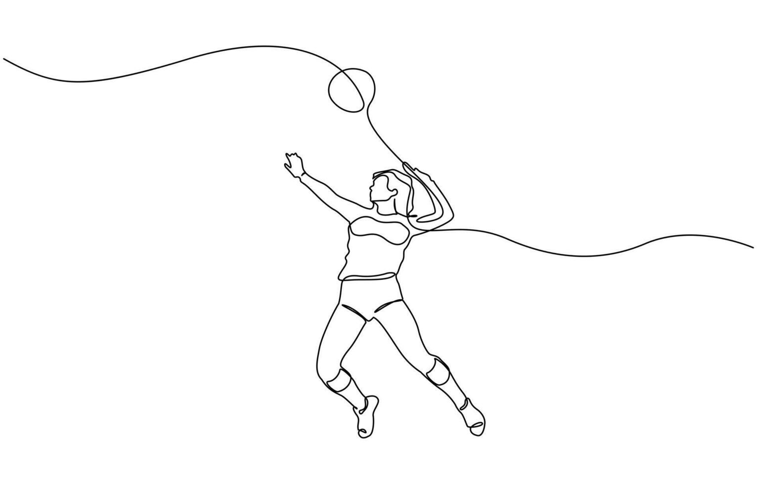 Continuous one line volleyball player woman jumps to throw the ball, Single continuous line female professional volleyball player play game. vector