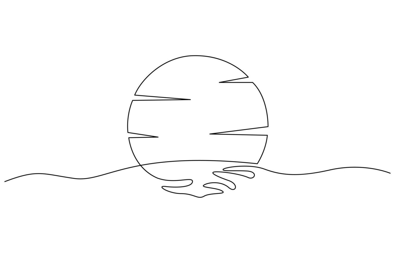 Sun on sea beach one black continuous line, sunset and sunrise outline, landscape with sun and beach in one line Sunset on beach, Sunset continuous one vector