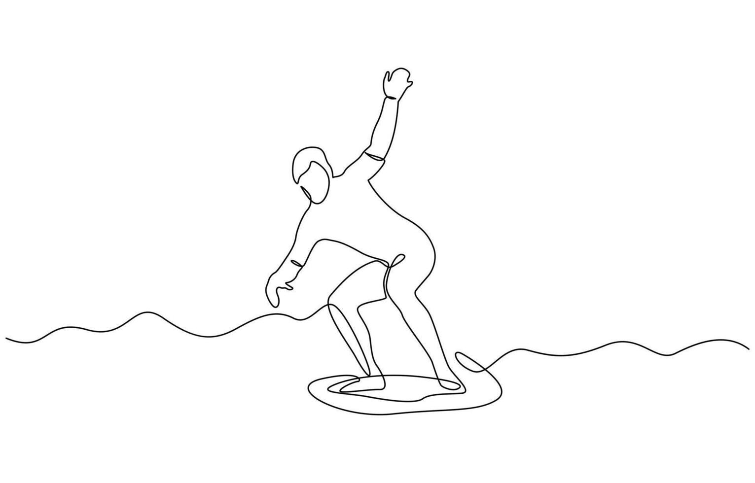 Single continuous line drawing young professional surfer in action riding the waves on blue ocean, Summer vacation trendy one line drawing. vector