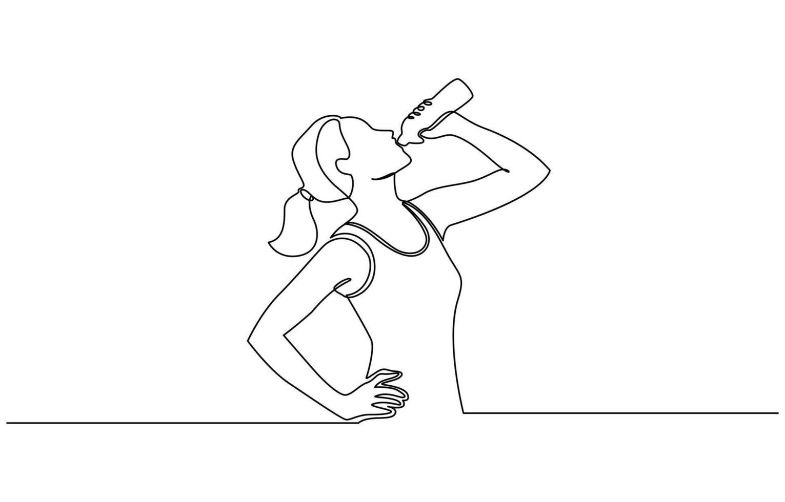 Continuous line drawing of sporty woman drink energy water from bottle, Drinking after exercising activity illustration in simple linear style design concept. Editable stroke. vector