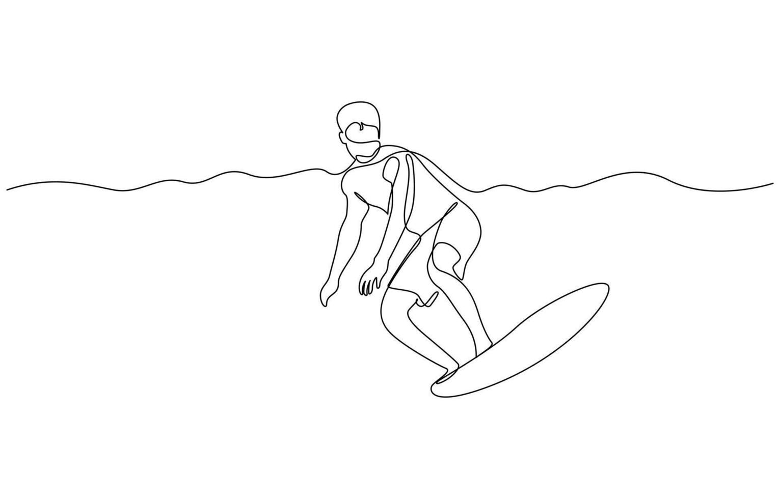 Single continuous line drawing young professional surfer in action riding the waves on blue ocean, Summer vacation trendy one line draw. vector