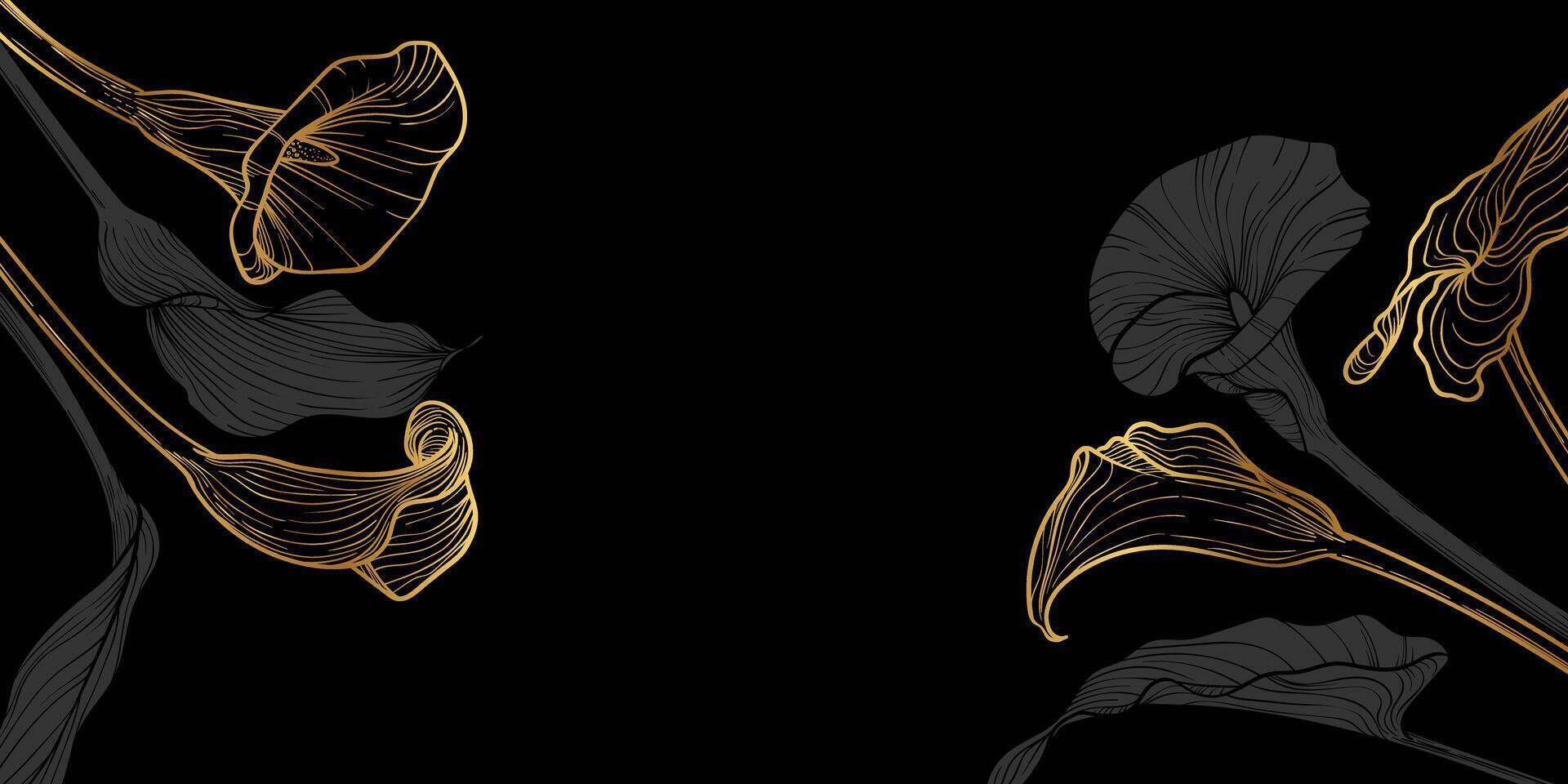 Luxurious calla flower background with calla lily flowers and leaves. Hand drawn gold calla frame and border. design of card, banner, invitation, advertising and packaging vector
