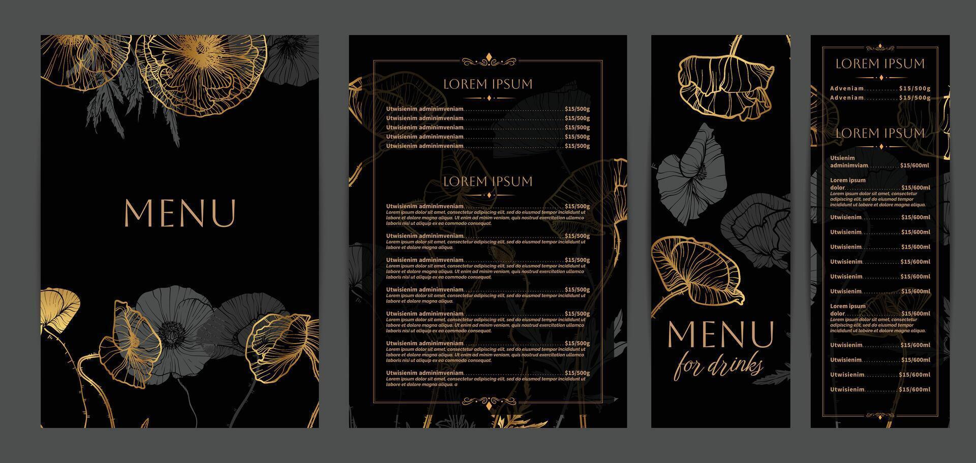 Luxurious food and drinks menu designs. Restaurant menu template. Beautiful A4 format with high quality flowers for print and online usage. Saturated hand drawn line art golden poppies. vector