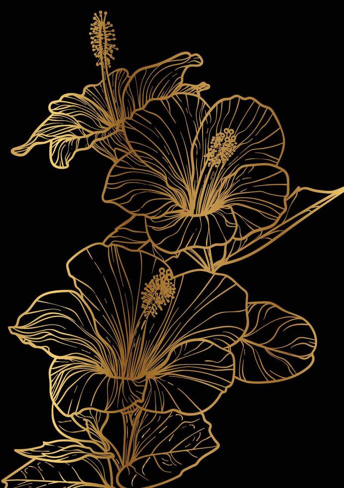 Hibiscus luxurious bouquet hand drawn illustration. Art print with elegant golden flower on a black background. Highly detailed and high quality graphic asset for online and print. vector