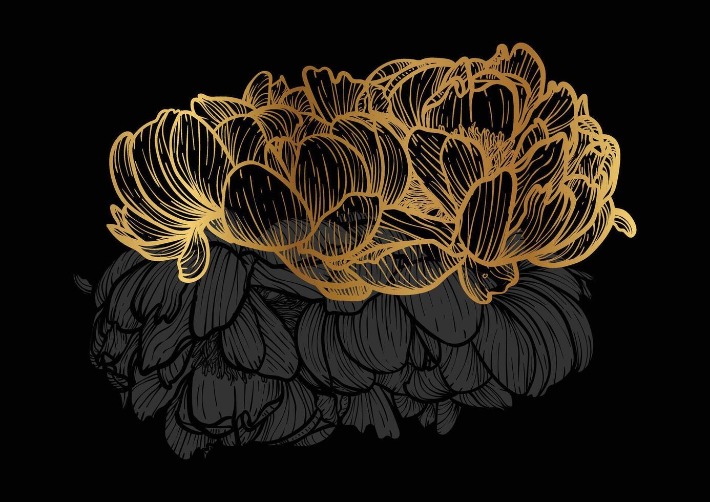 Peony line art hand drawn illustration. Art print with luxurious and elegant gold and black spring flower. Highly detailed and high quality graphic asset for online and print. vector