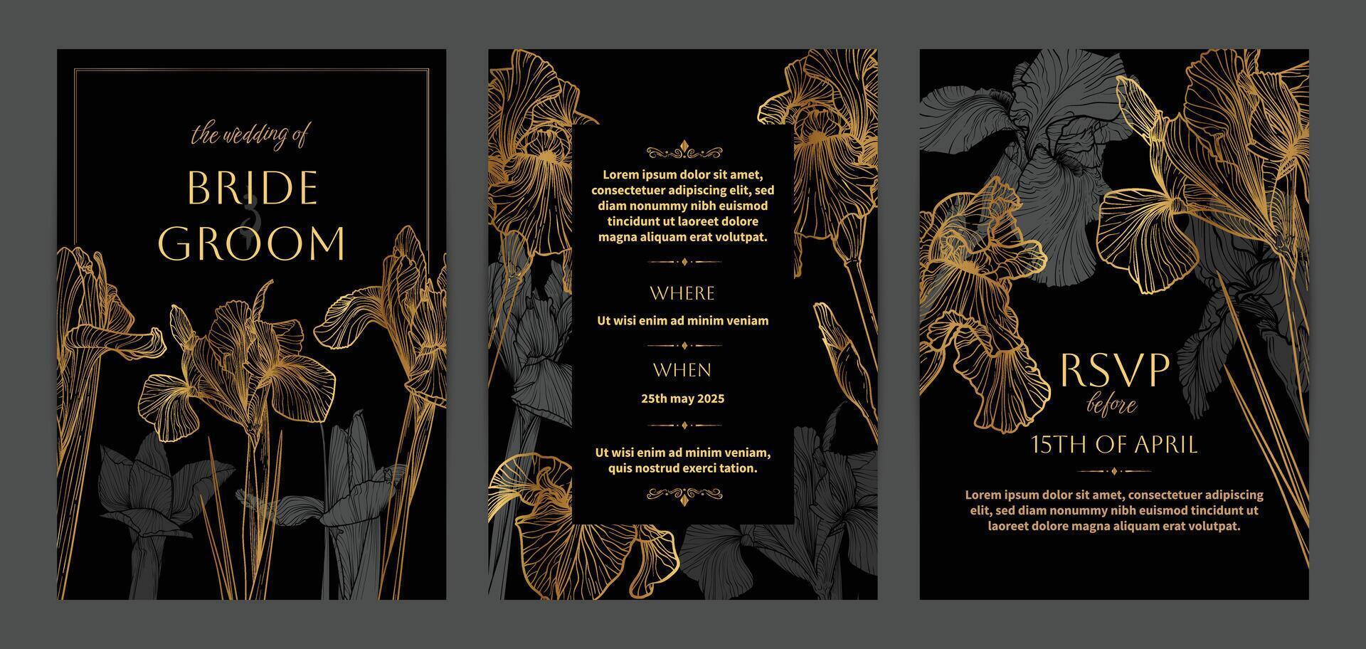 wedding invitation templates. Luxurious card design with hand drawn iris flower. Golden and black illustration for wedding, cover, wallpaper, banner. vector