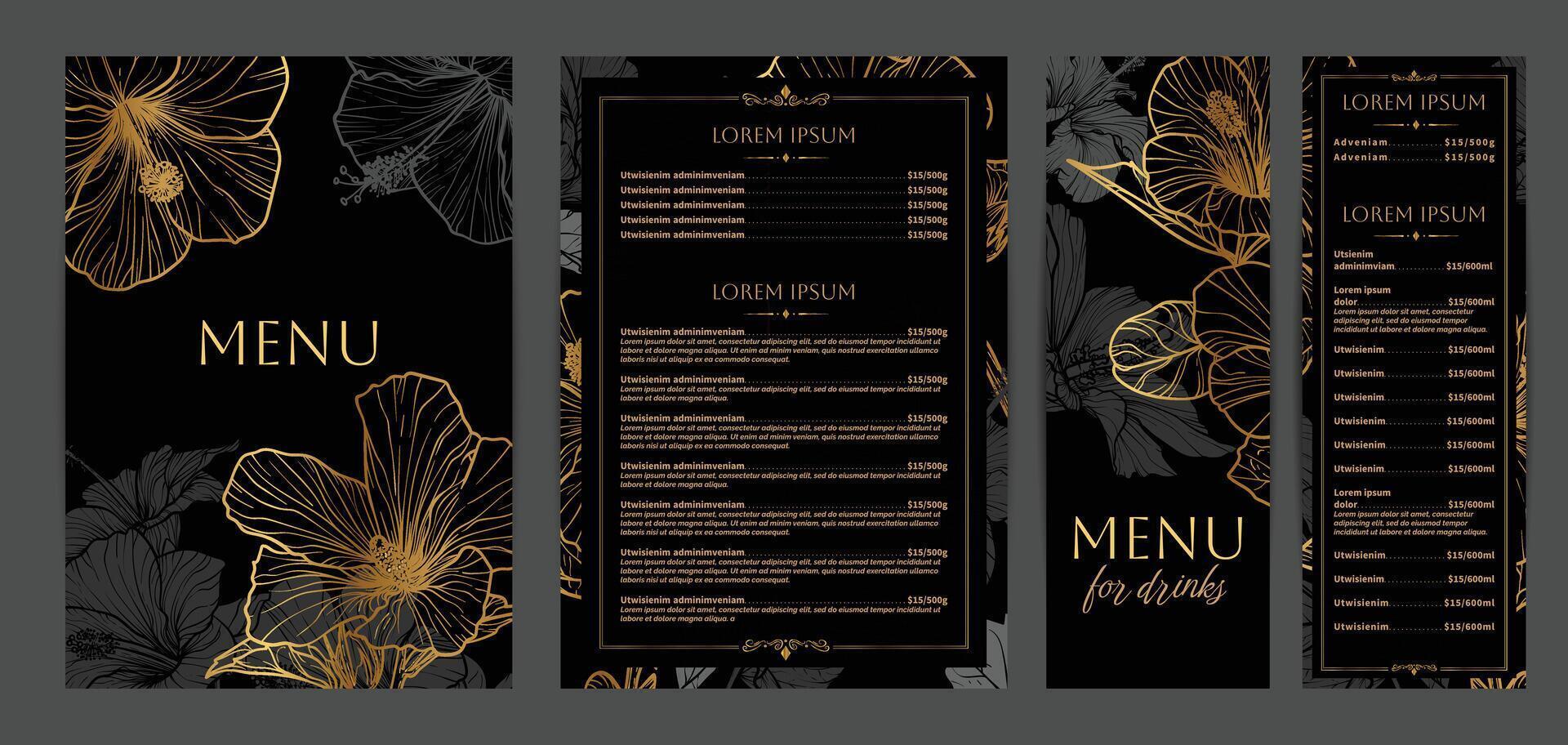 Luxurious food and drinks menu designs. Restaurant menu template. Elegant A4 format with high quality flowers for print and online usage. Golden hand drawn line art hibiscus illustrations. vector