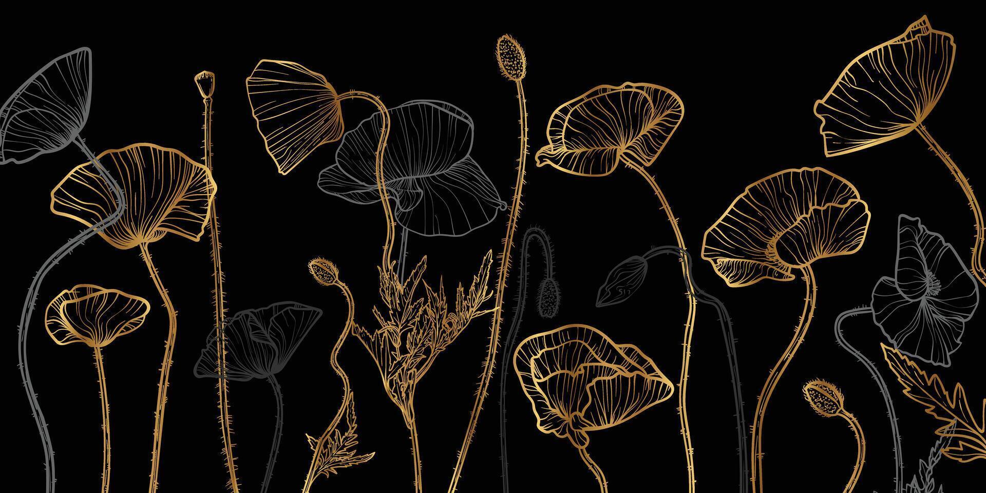 Abstract floral background with golden line art of poppy flowers and leaves. Hand drawn poppies background and pattern. design of card, banner, invitation and packaging vector