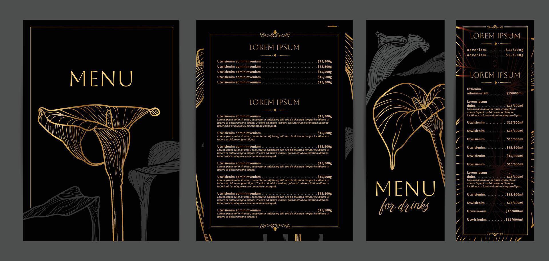 Luxurious food and drinks menu designs. Restaurant menu template. Elegant A4 format with high quality flowers for print and online usage. Golden hand drawn line art calla lily illustrations. vector