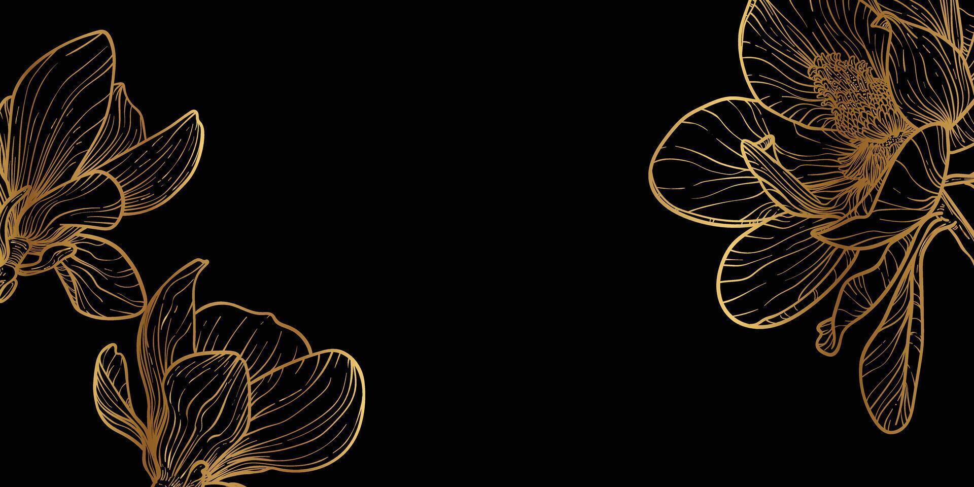 Abstract floral background with golden line art of flowers and leaves. Magnolia hand drawn frame, border. illustration for design of card, banner, invitation, advertising and packaging vector
