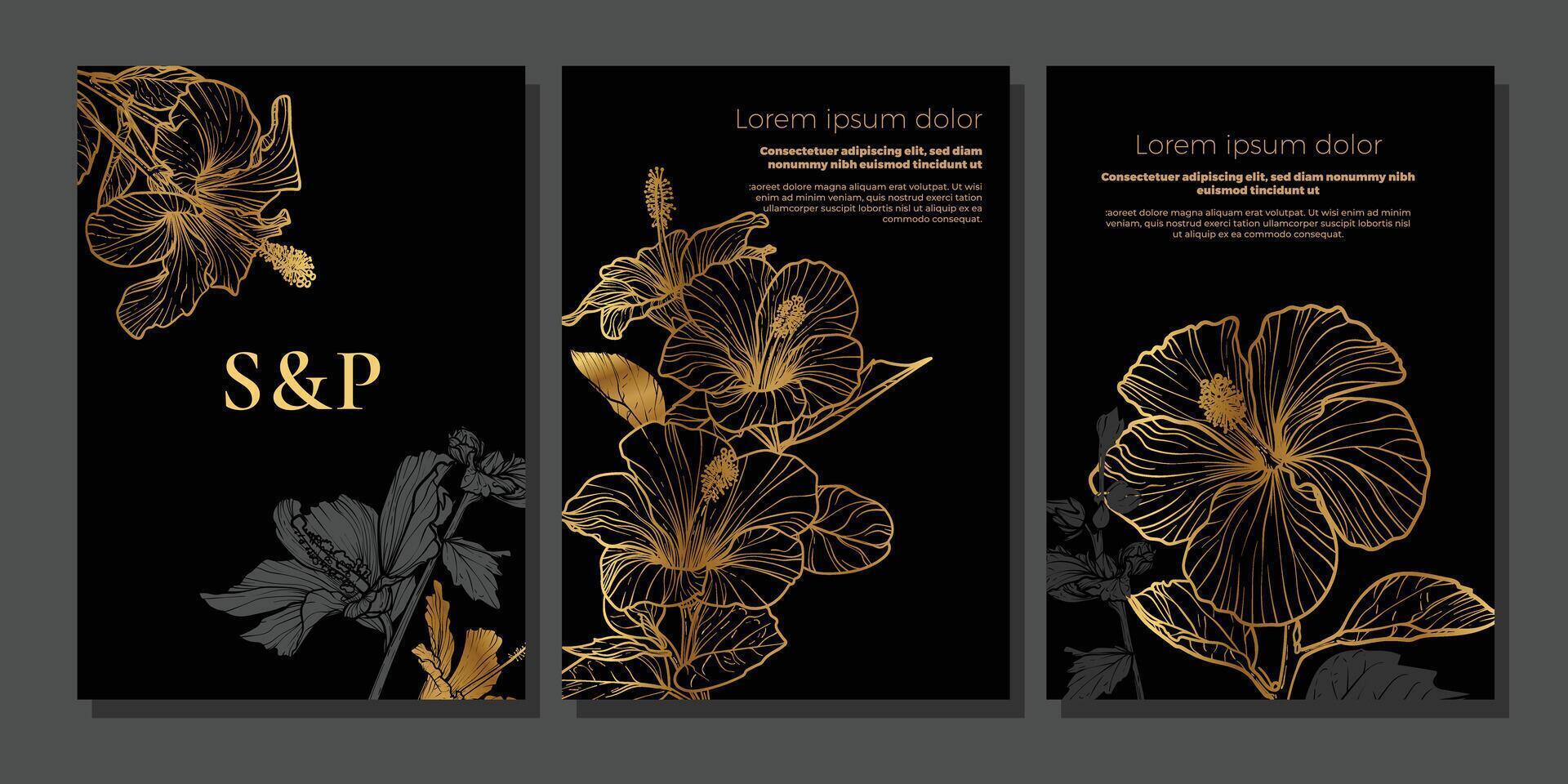 Luxury black and gold wedding A4 card and invitation templates. Hand drawn hibiscus flowers decorating these elegant print and online graphic assets vector