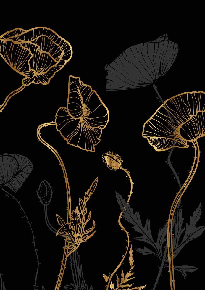 A4 poppy gold bouquet hand drawn illustration. Art print with elegant golden flowers on a black background. Highly detailed and high quality graphic asset for online and print. vector