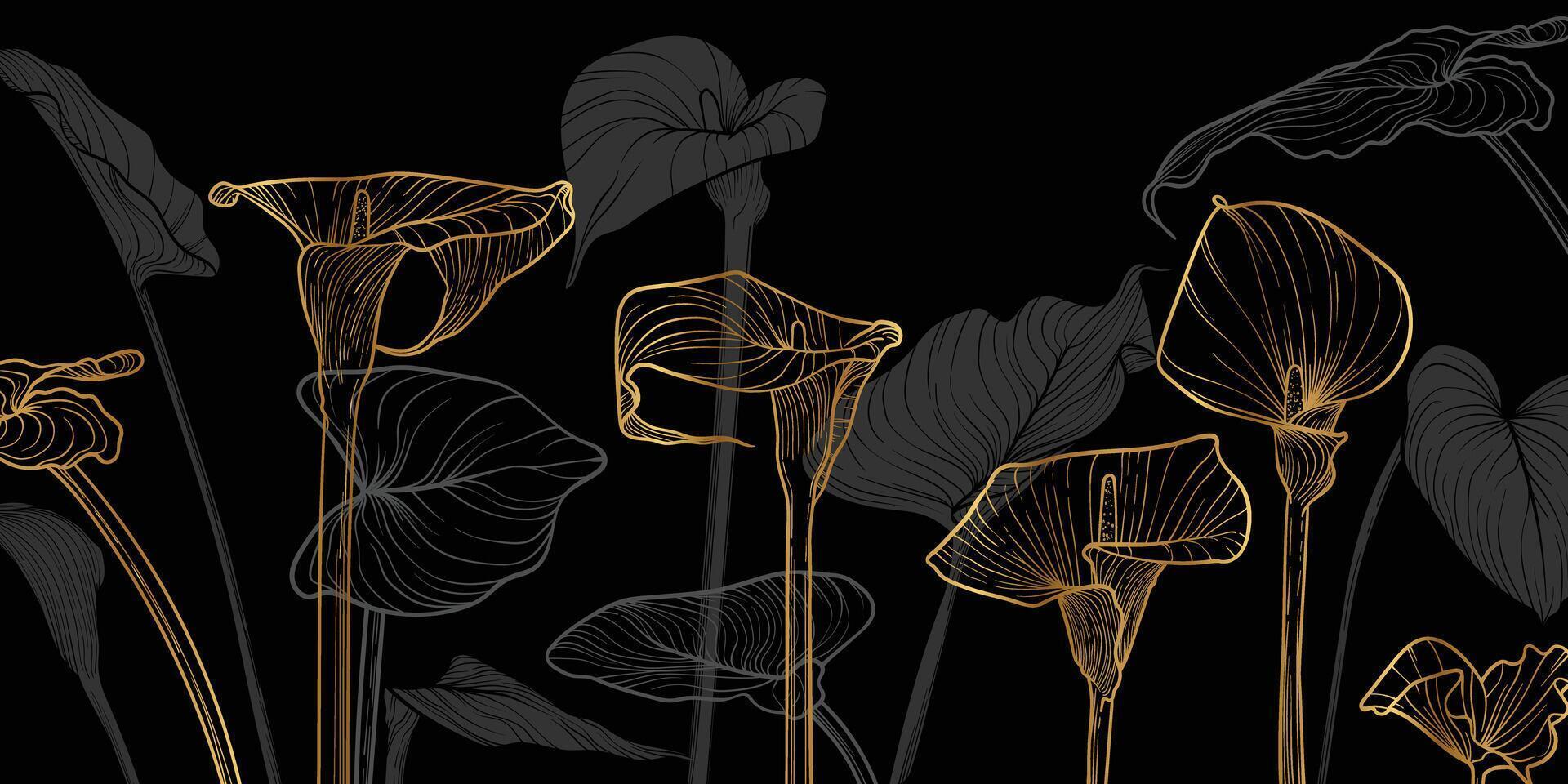 Luxurious floral background with gold line art of calla lily flowers and leaves. Hand drawn calla flowers background and pattern frame. design of card, banner, invitation and packaging vector