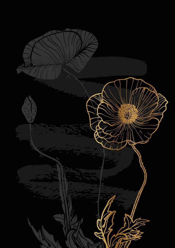 A4, A3 poppy line art hand drawn illustration. Art print with yellow and green summer flowers and a pink sketch mark. High quality graphic asset for online and print. vector