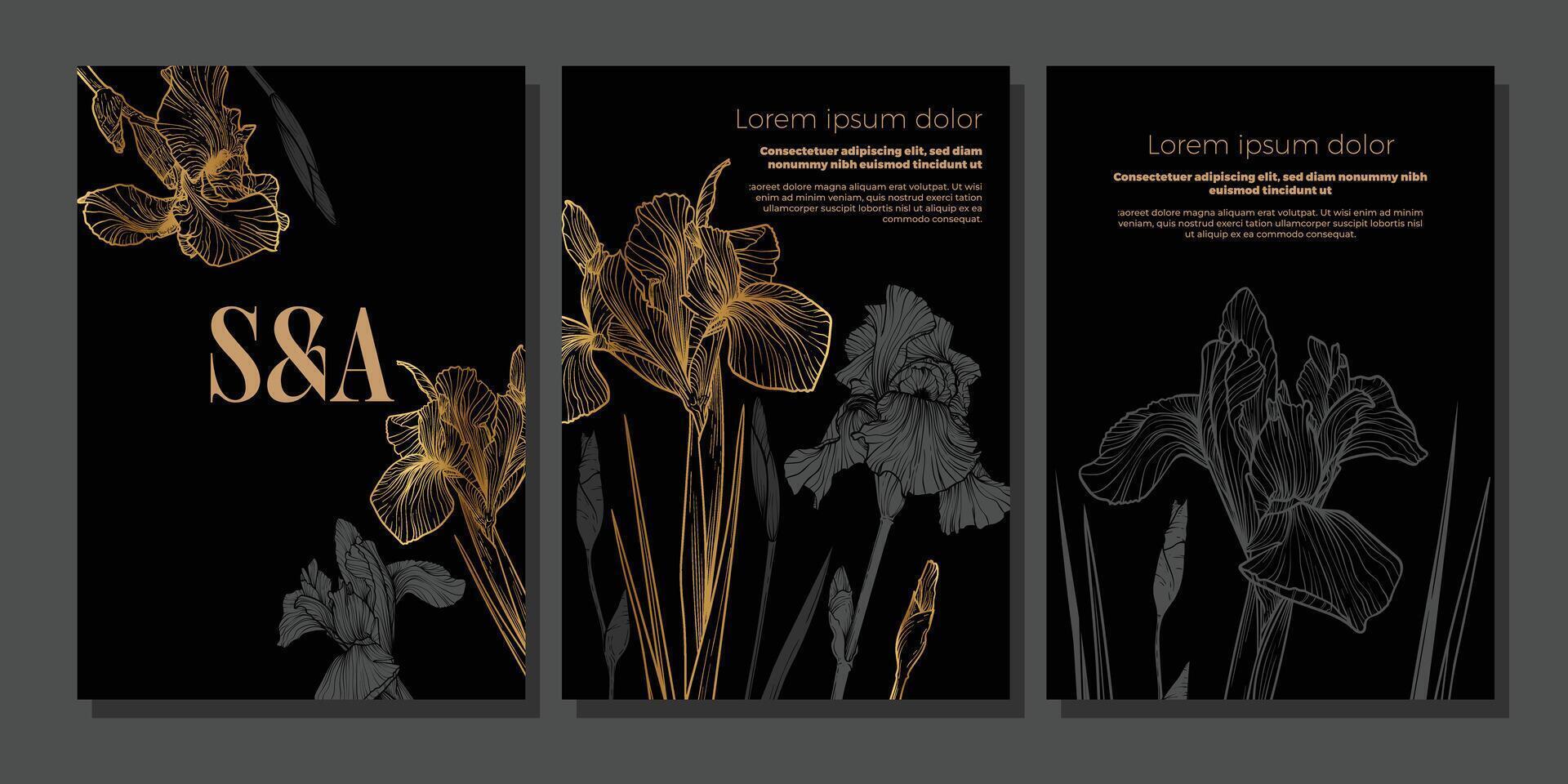 Luxurious three high resolution iris flower wedding templates in detailed golden and black line art. Perfect for botanical prints, wall decor, stationery, spring inspired digital designs. vector