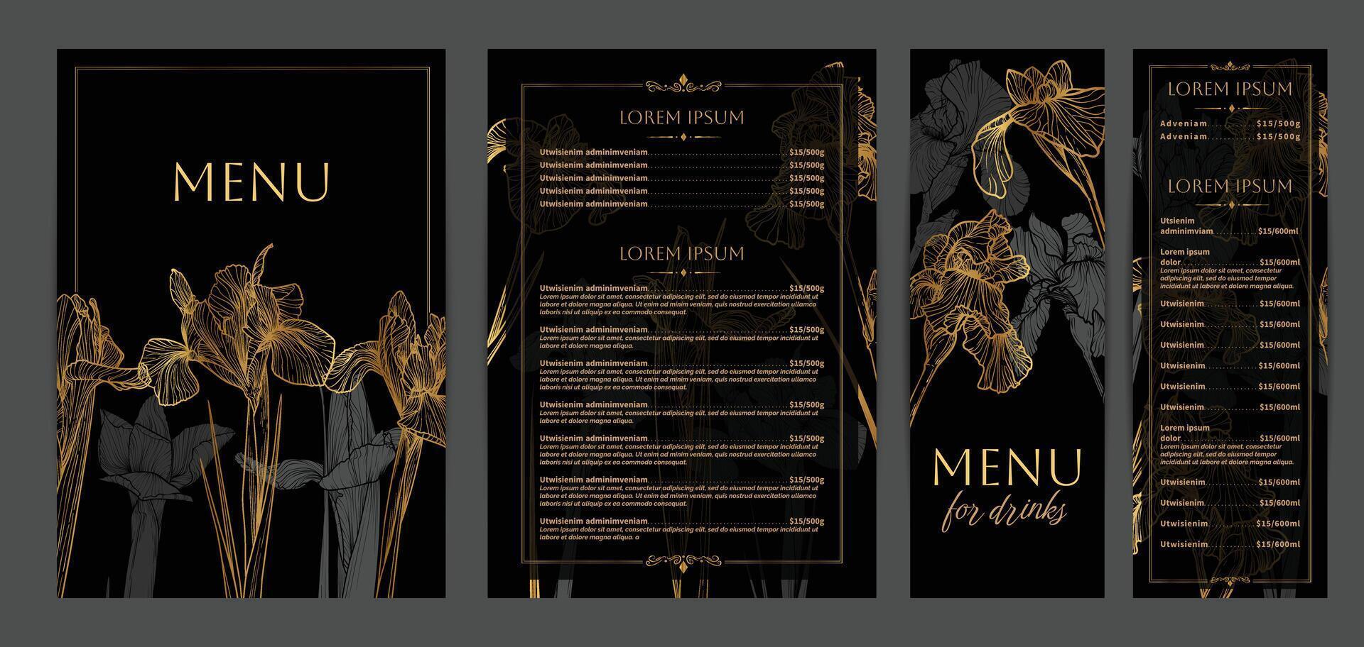 Colorful food and drinks menu designs. Restaurant menu template. Luxurious A4 format with high quality flowers for print and online usage. Hand drawn line art golden iris illustrations. vector