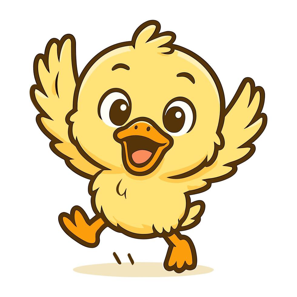 Cheerful yellow chick happily jumping with open beak wings vector
