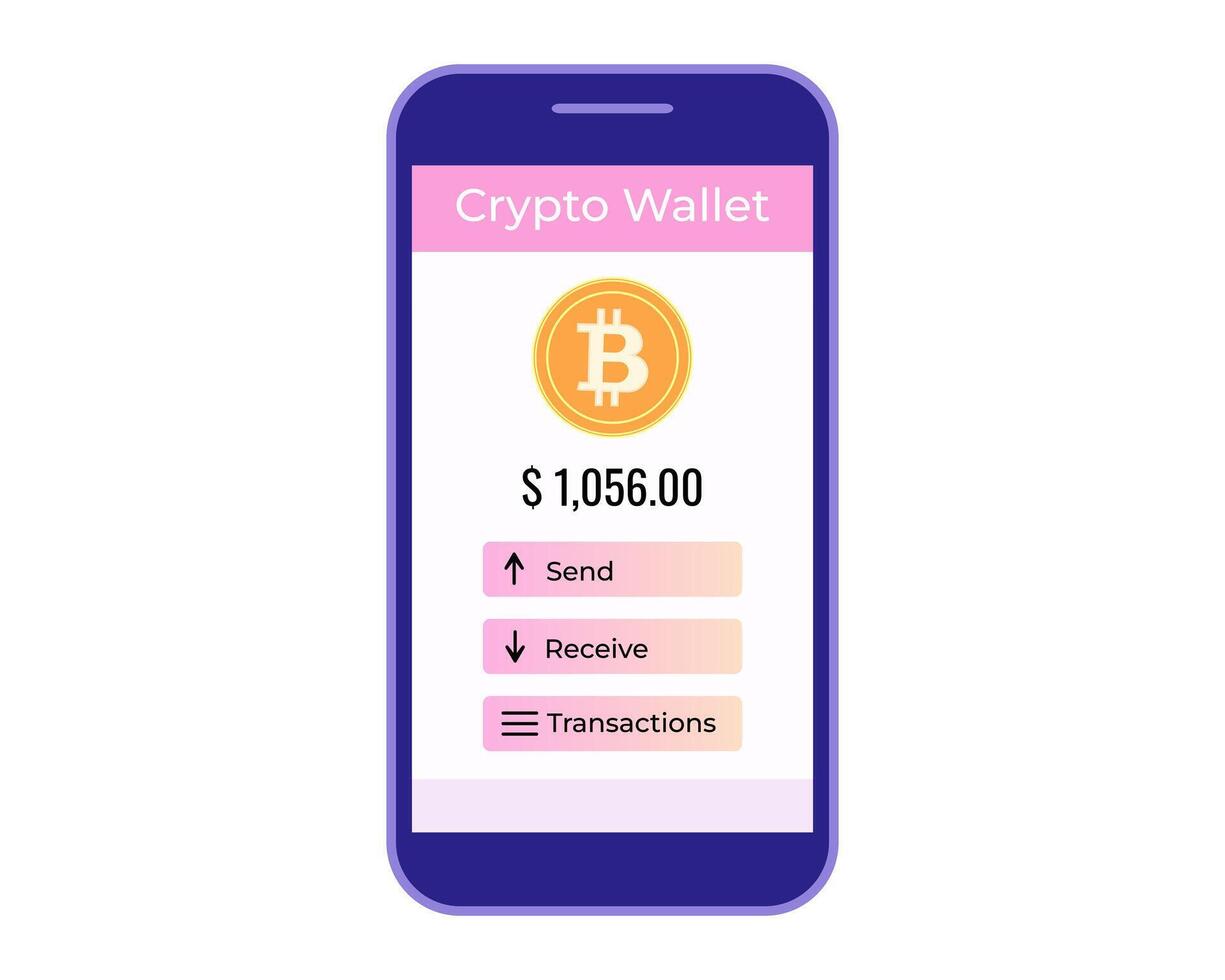 A mobile crypto wallet lets you view your Bitcoin balance and all your transactions vector