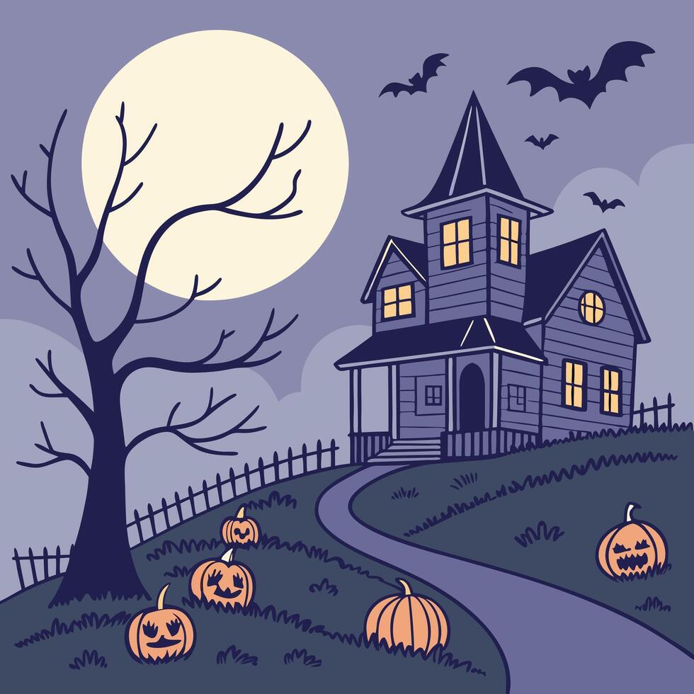 Halloween Scene with Ghosts and Bats vector