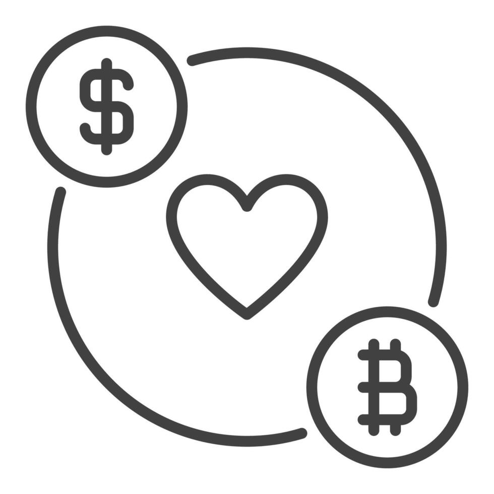BTC and Dollar with Heart Crypto Traders and Investors icon or symbol in outline style vector