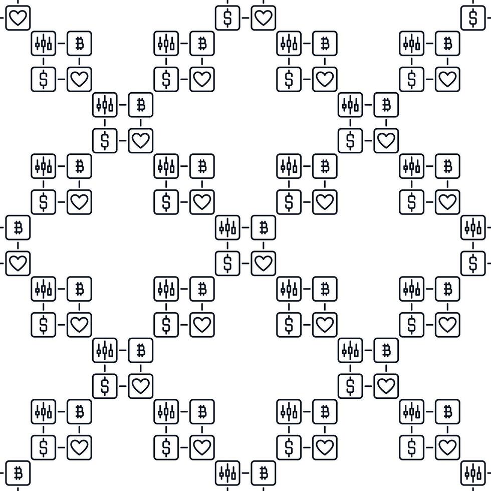 Dollar,BTC,Heart and Candle Chart seamless pattern in outline style vector