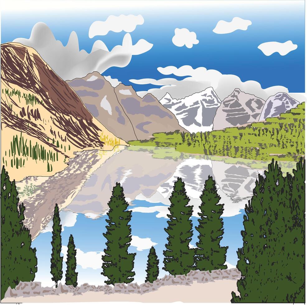 Scenic Mountain Lake Landscape with Trees and Reflections vector