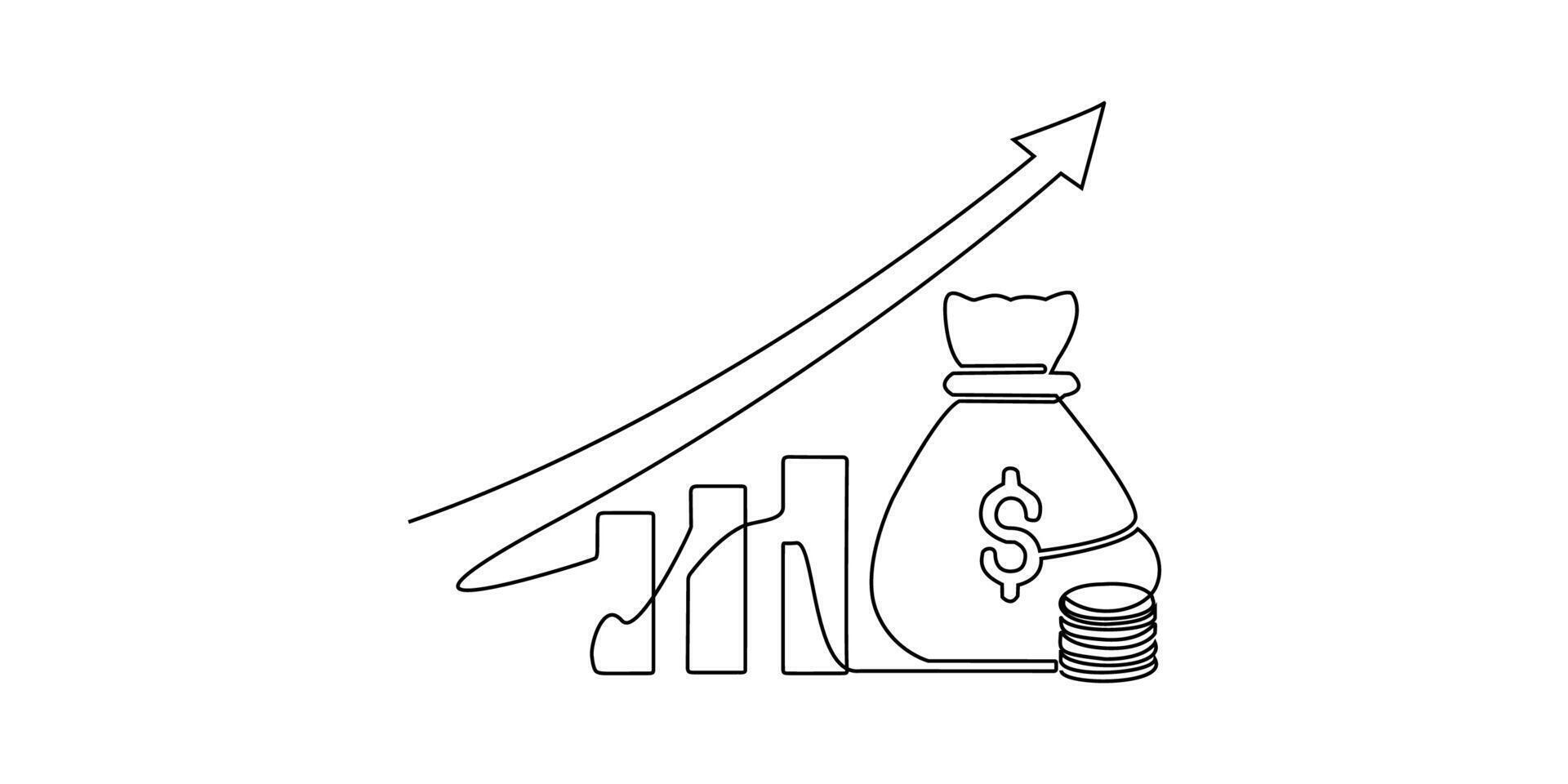 A line drawing of a money bag and a graph vector