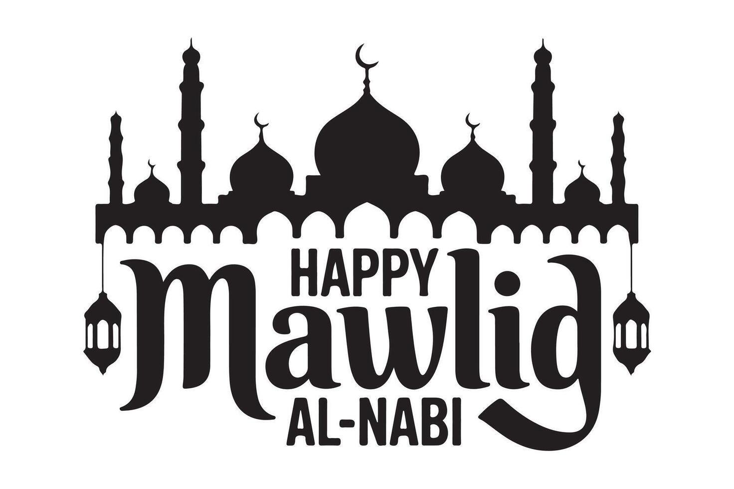 Happy mawlid al-nabi silhouette islamic greeting card design with mosque and lanterns vector
