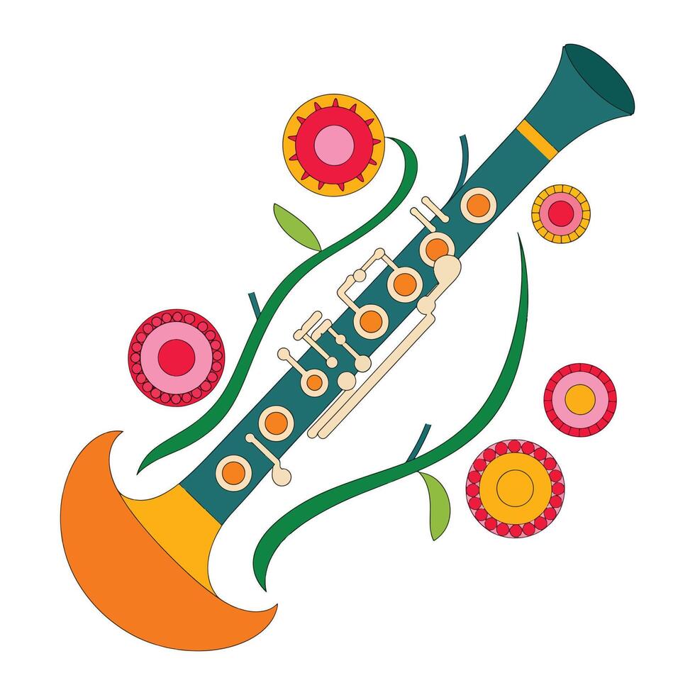 Stylized illustration of a clarinet decorated with floral and botanical elements vector
