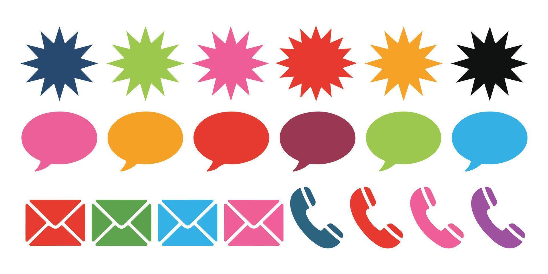 Colorful communication icons including stars speech bubbles envelopes and telephone handsets arranged in rows vector