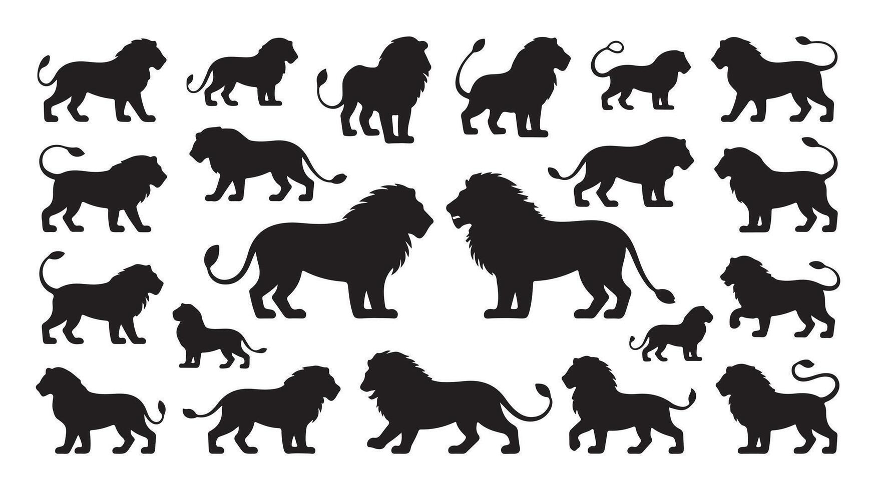 Collection of black silhouettes of lions in various poses suitable for design projects and wildlife themes vector