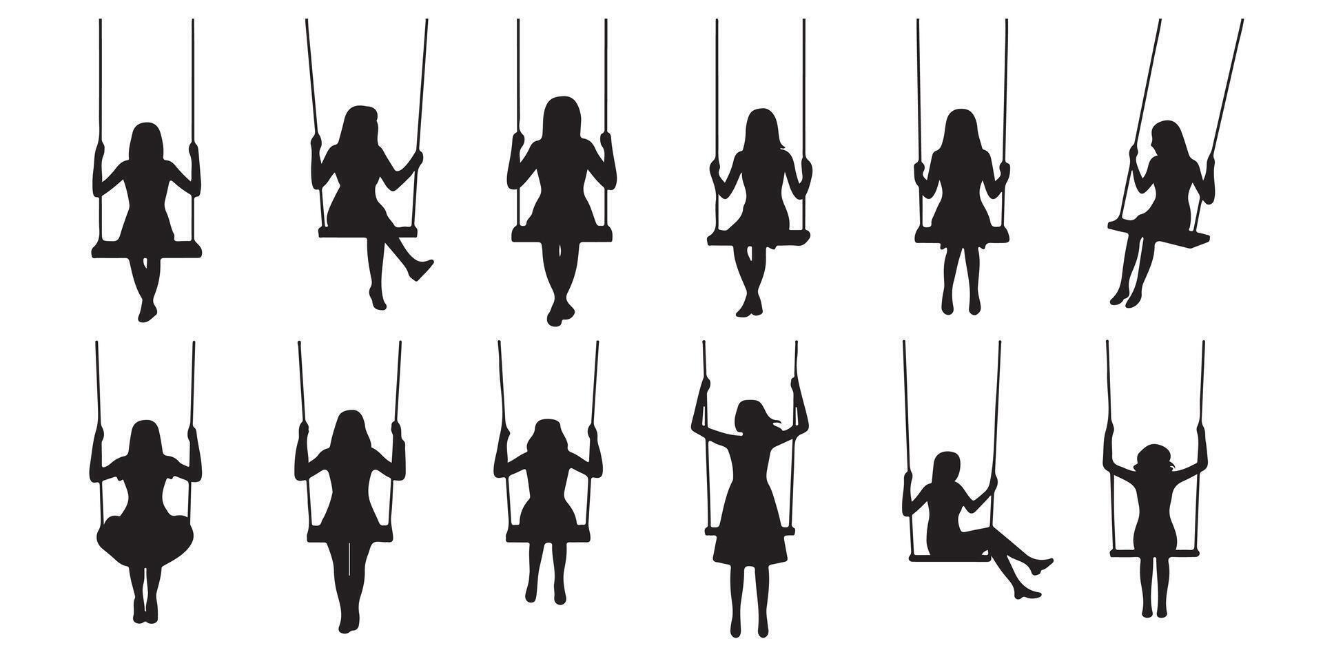 Silhouettes of young women enjoying swings in various relaxing and playful poses vector