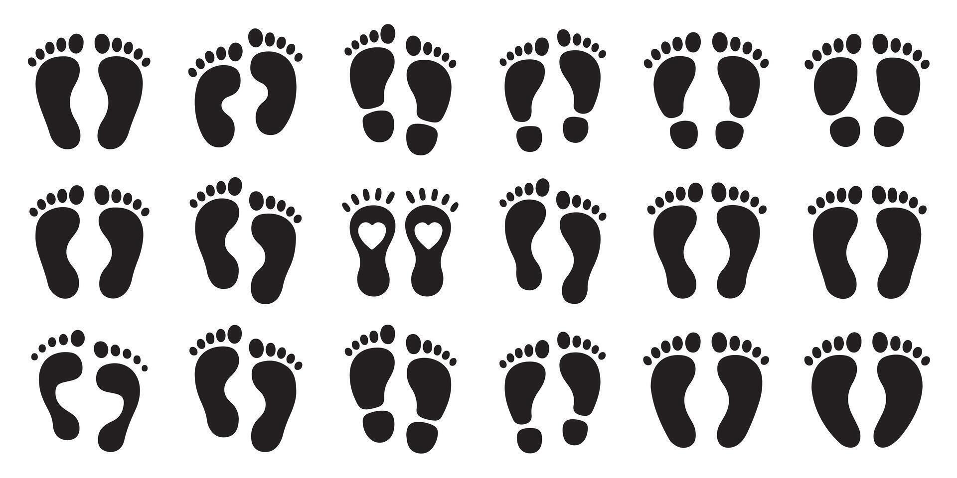 Diverse collection of black footprint silhouettes illustrating different walking and stance styles vector