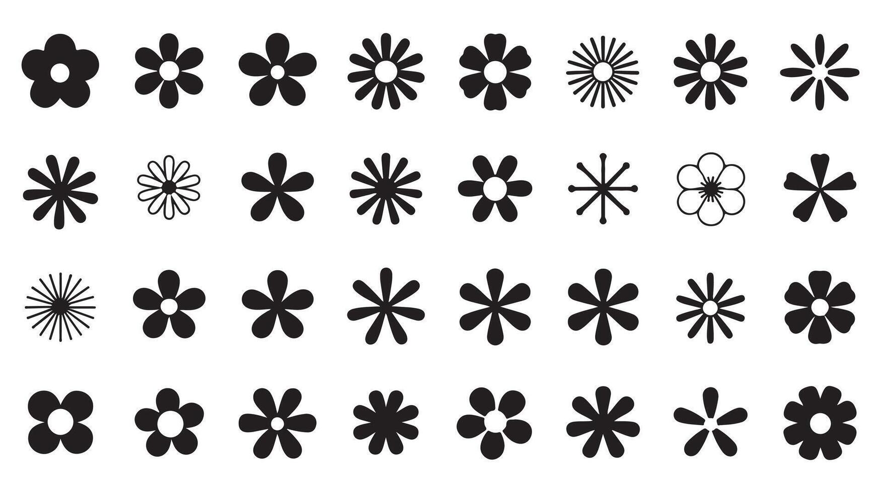 Collection of black flower icons in various styles for design and decorative elements vector