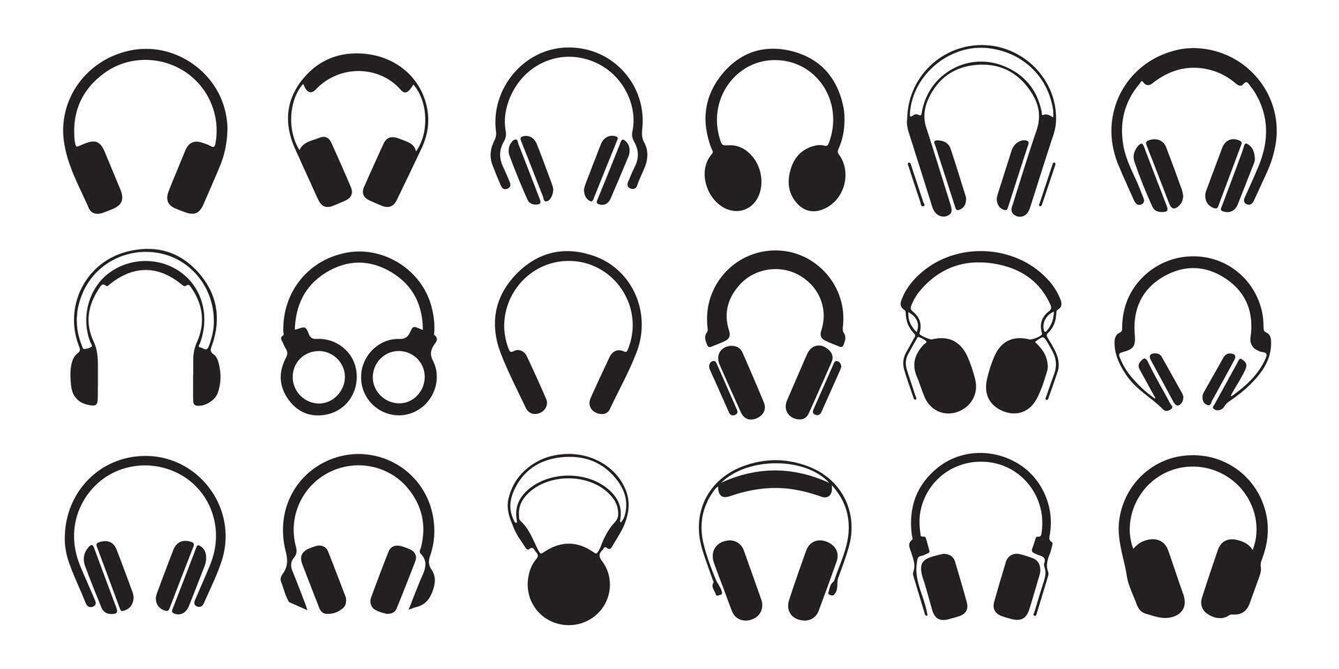 Collection of various black and white headphone illustrations representing music and sound technology vector