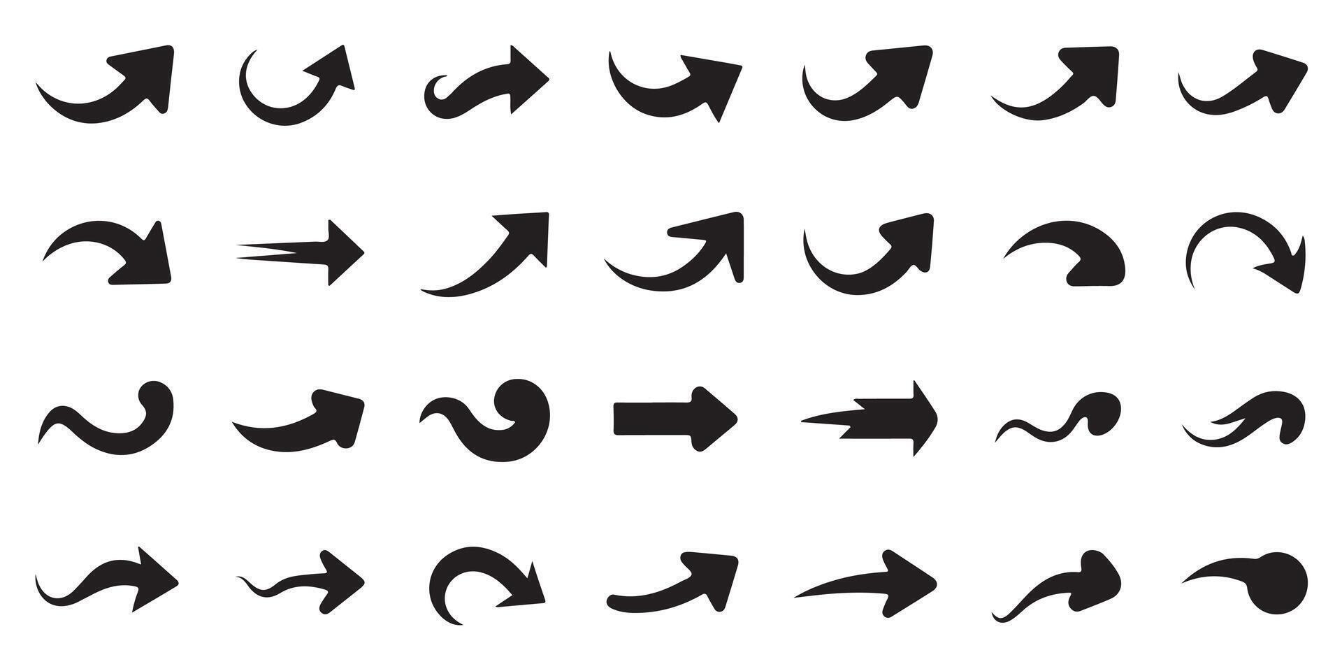 Collection of black arrow icons in various curved and straight directional styles vector