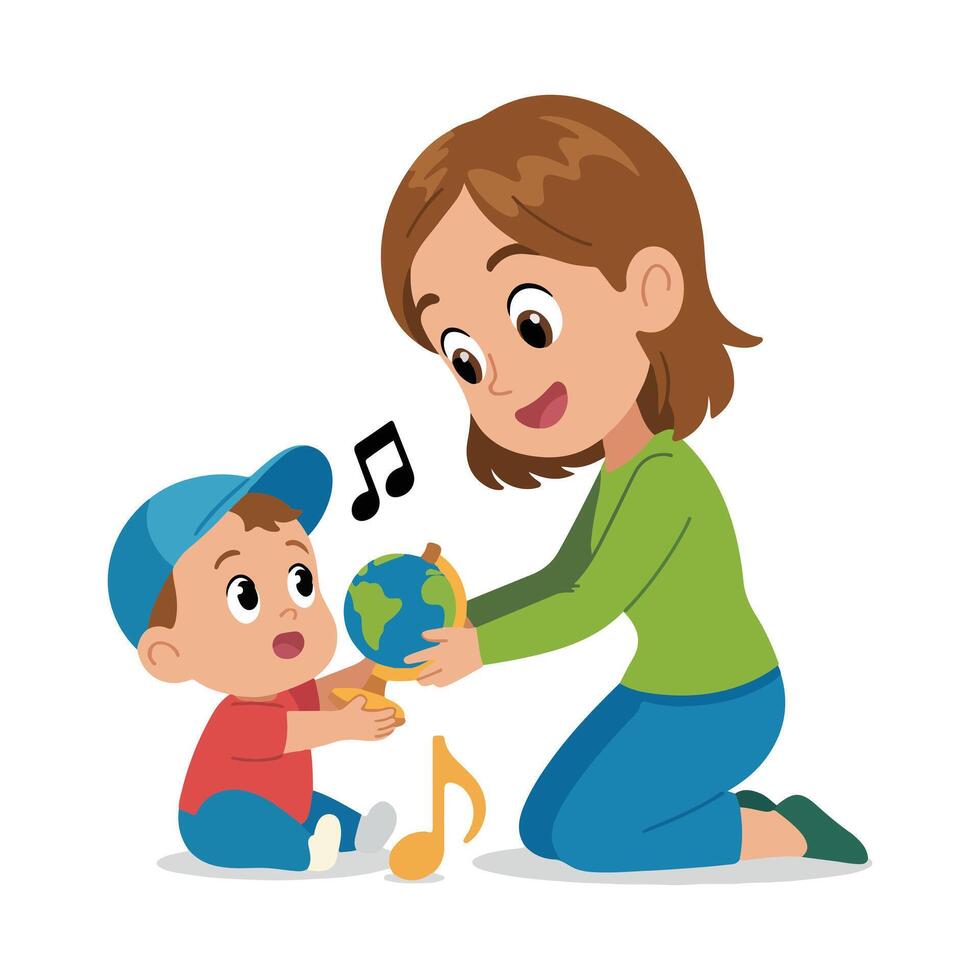 Mother and child playing music with earth, music notes and musical notes illustration vector