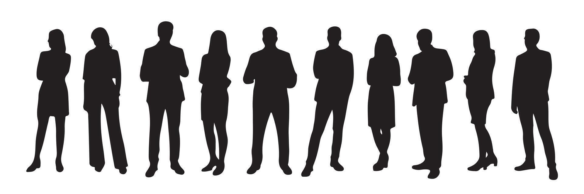 Black silhouettes of business people standing in different poses against a white background vector