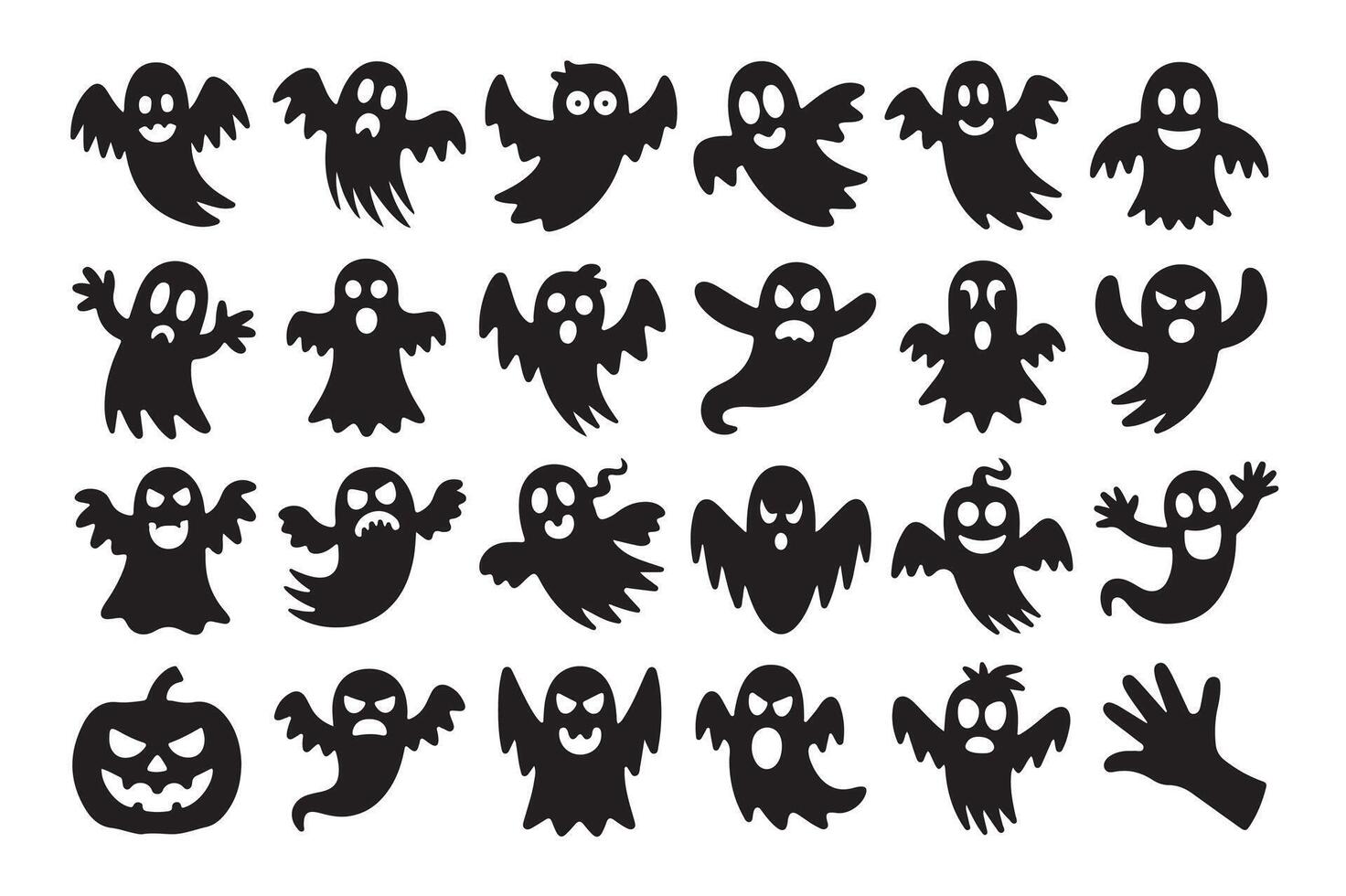A collection of black silhouette ghosts and pumpkin illustrations for halloween decorations and designs vector