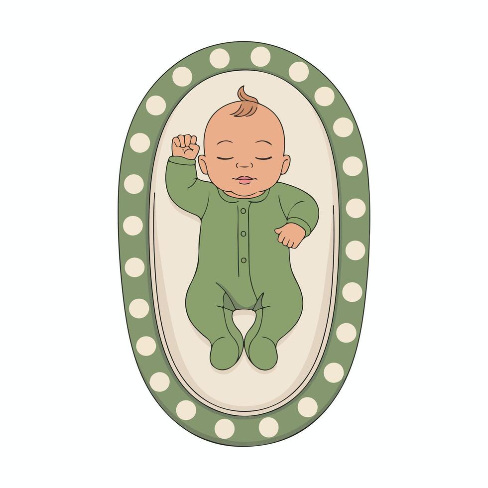 A baby in a green outfit is laying in a round frame vector