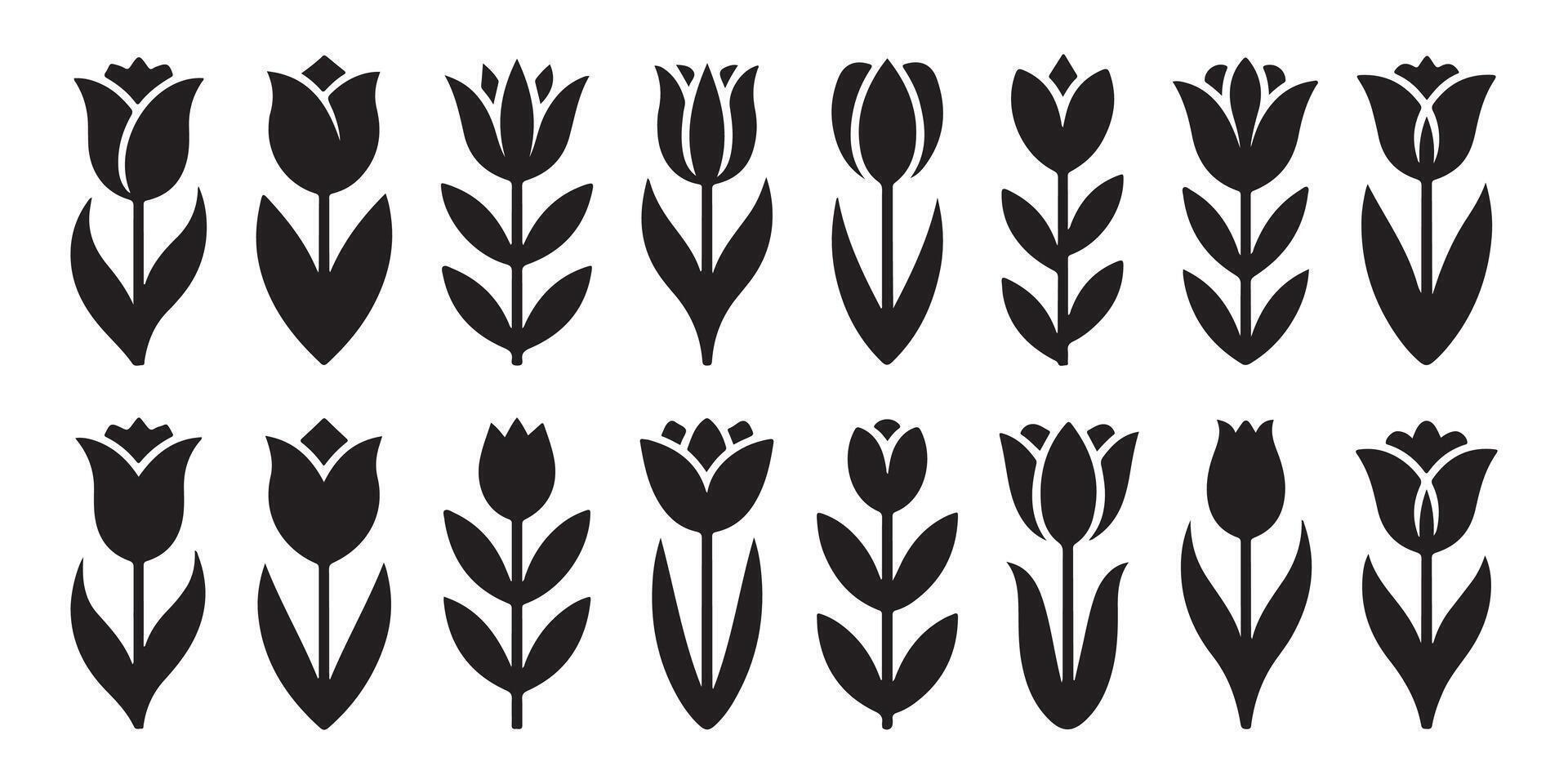 Black and white illustration of stylized tulip flowers in various decorative designs vector