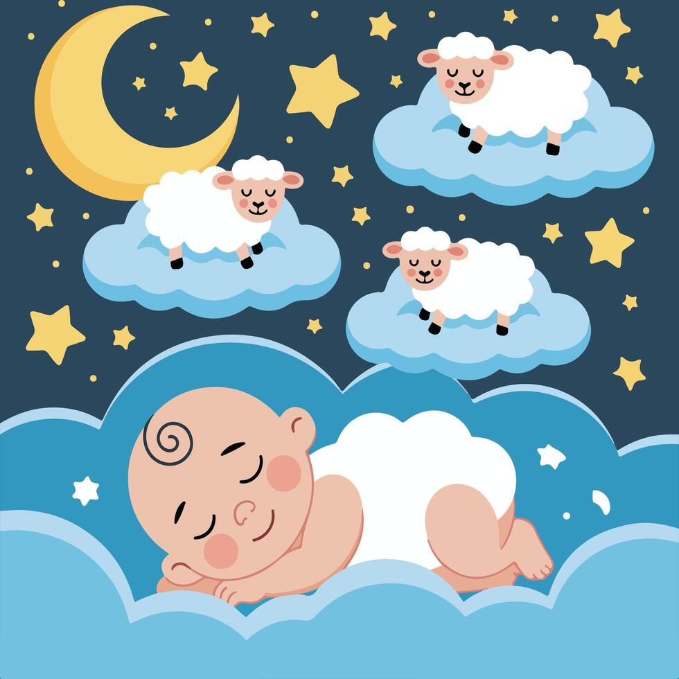 A baby sleeping on a cloud with sheep vector