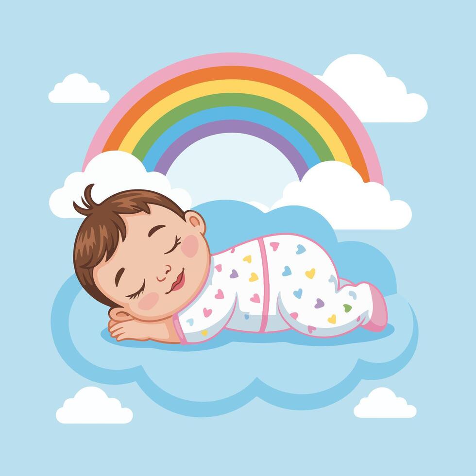 A baby sleeping on a cloud with a rainbow vector