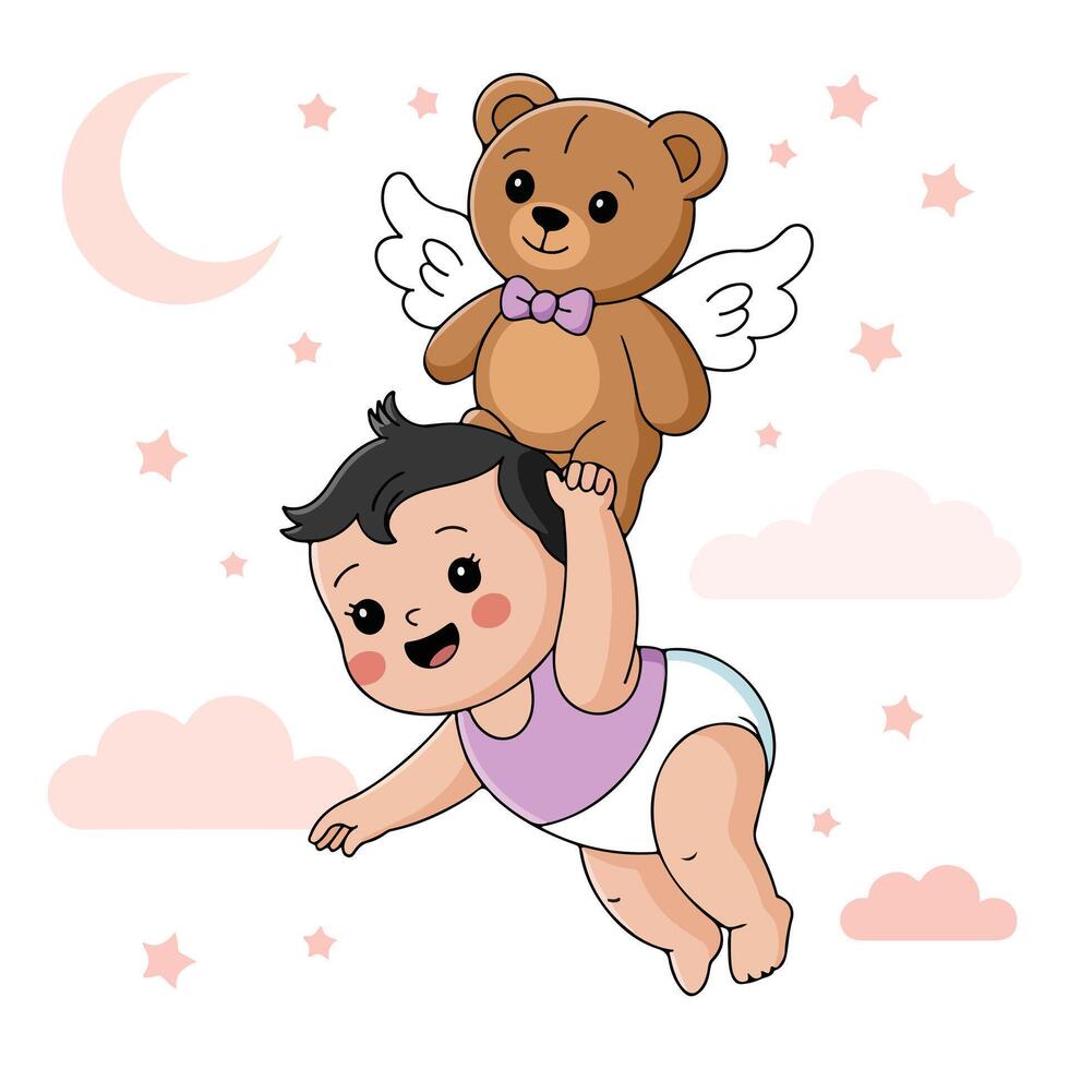 A baby is flying with a teddy bear vector
